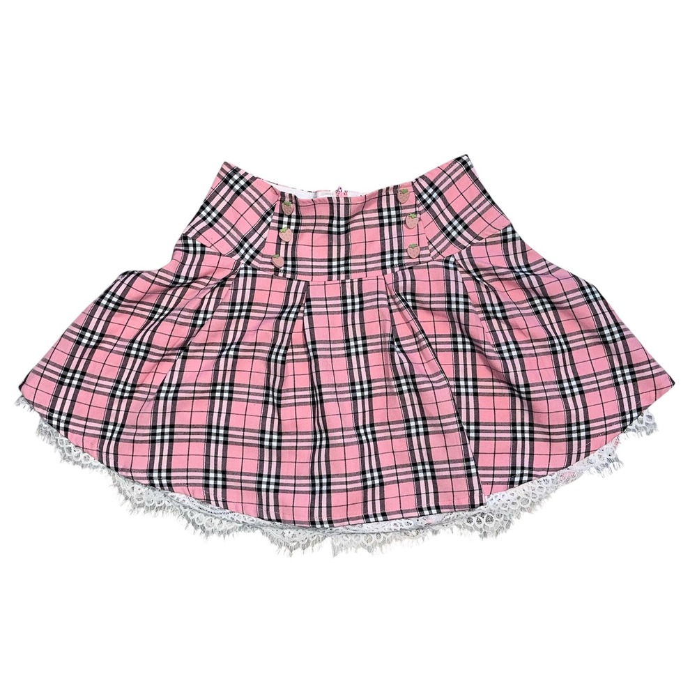 Hot Topic Pink Plaid Pleated Mini Skirt Strawberry Buttons Lace Trim Size Small